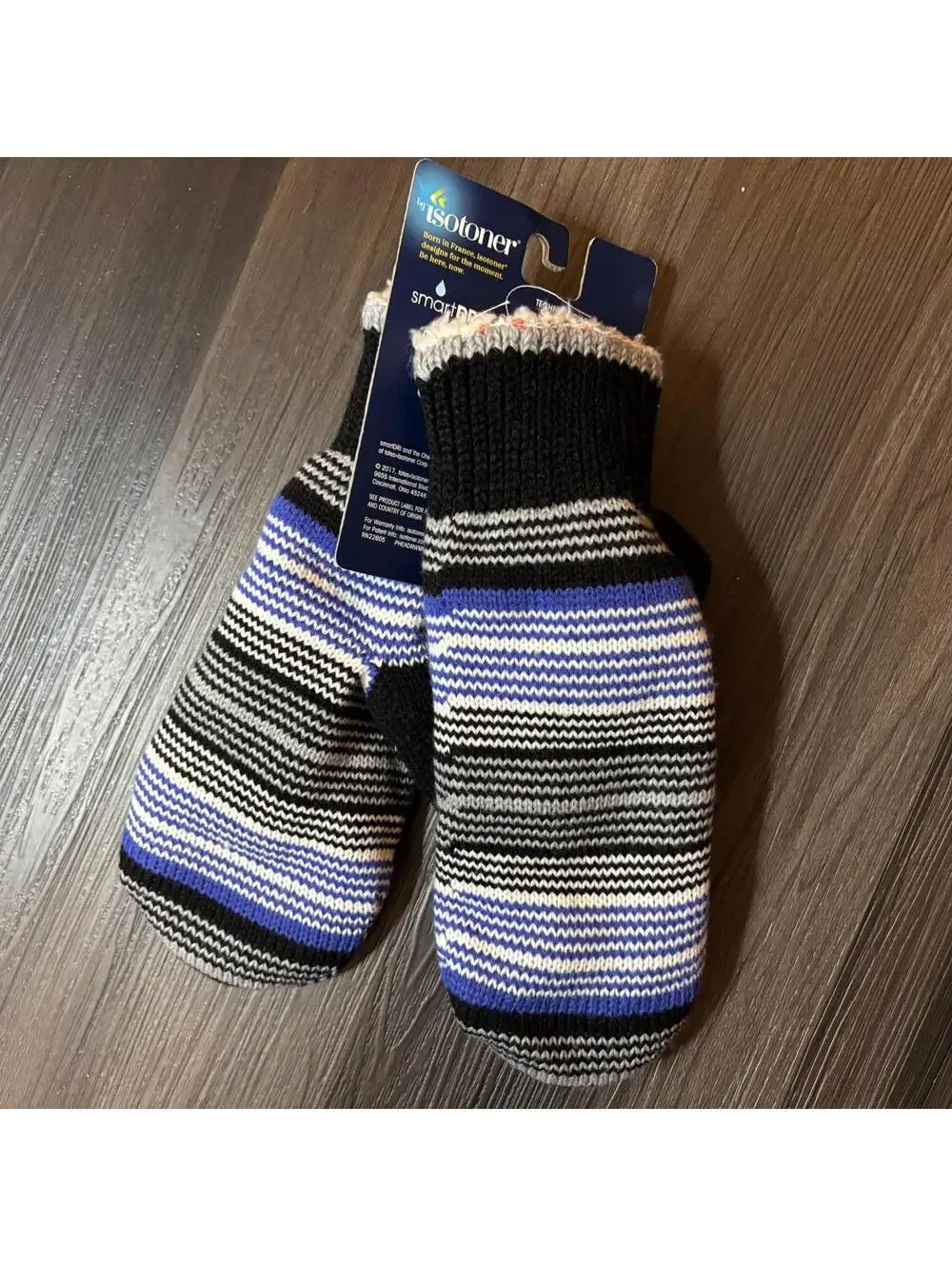 Isotoner Winter Mittens Smart Dry Fleece Lined One Size Blue Black Striped - Picture 2 of 3